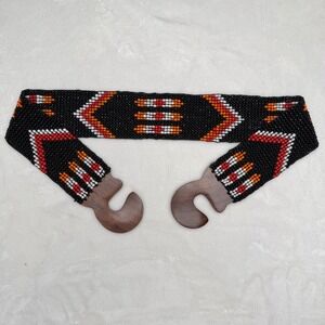 Vintage Beaded Belt Geometric Wood Hook Buckle Boho Southwestern Black OS